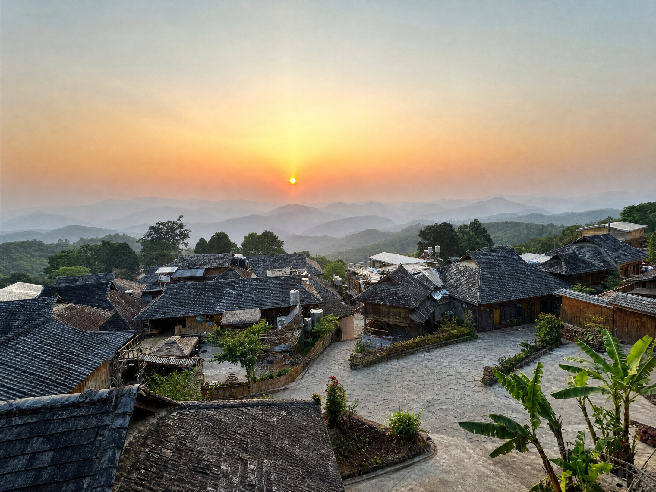 Sunrise and mountain mist over Nannuo Mountain tea village in Yunnan – Lanyue Tea